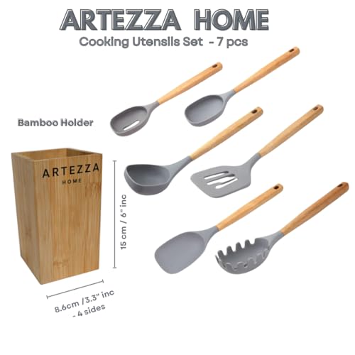 Premium Silicone Kitchen Utensil Set – 7-Piece Cooking Tools with Acacia Wood Handles and Bamboo Holder, Non-Stick, Heat Resistant, BPA-Free, Elegant Kitchen Gift (Grey -7pcs) - color: Gray