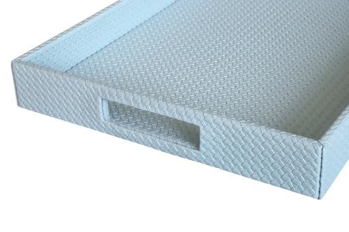HofferRuffer Rectangle Serving Tray with Hole Handles for Coffee Table, Breakfast, Tea, Food, Butler - Countertop, Kitchen, Vanity Serve Tray, 16.2 x 12.2 x 2 inches, Faux Leather (LightBlue) - color: Lightblue