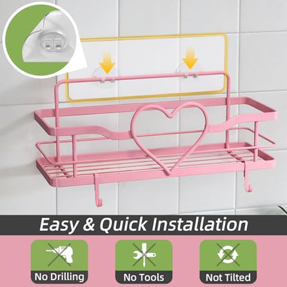 Pink Shower Caddy with 4 Removable Hooks, 2 Pack Sweet Heart Shower Shelves,No Drilling Adhesive Organizer Shelf for Bathroom Shower,Kitchen,Bedroom | Shower Shelf with 4 Removable Hooks,Holds 40 lbs,Rustproof Metal,For bathroom,kitchen,dorm,Cute Shower O