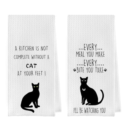 Cat Gifts Dish Towels Set - Funny Waffle Weave Kitchen Hand Tea Towels, Black Cat Gift (1624 Inches Set of 2) - color: Cat