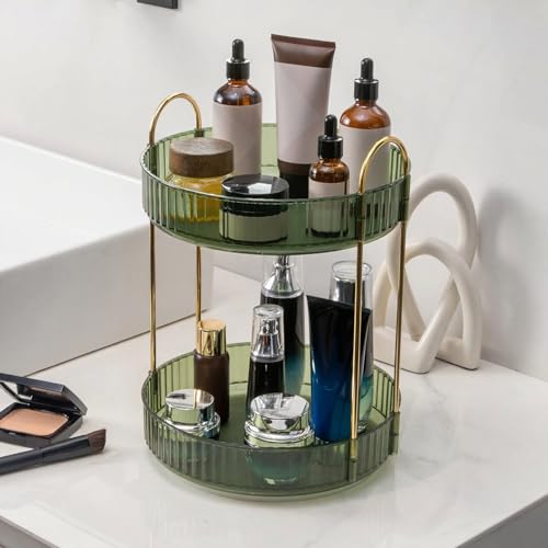 INVSSENE 360° Rotating Makeup Organizer, Bathroom Make Up Spinning Holder Rack, Large Capacity Cosmetics Storage Vanity Shelf Countertop, Fits Cosmetics, Perfume, Skincare, Lipsticks(2 Tiers, Green) - color: Green, size: 2 Tiers