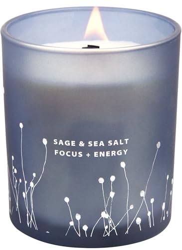 Sage & Sea Salt Wood Wick Soy Scented Aromatherapy Candle for Home, Office | Sage Candles for Cleansing House, Focus & Relaxation | Home Spa, Clean Burn, 10.6 oz, Decorative Blue Jar Candle, Women & Men