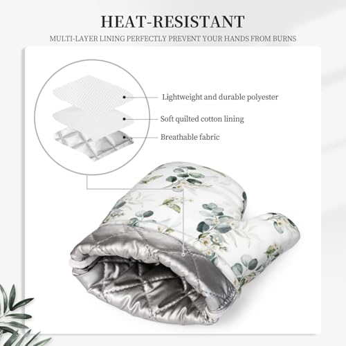 Sage Green Eucalyptus Oven Mitts and Pot Holders Sets Silicone Watercolor Plant Leaves Floral Kitchen Oven Mitts Hot Pads Heat Resistant Potholders Kitchen Mitts Set for Baking BBQ Cooking - color: Green
