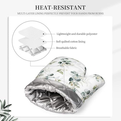 Sage Green Eucalyptus Oven Mitts and Pot Holders Sets Silicone Watercolor Plant Leaves Floral Kitchen Oven Mitts Hot Pads Heat Resistant Potholders Kitchen Mitts Set for Baking BBQ Cooking - color: Green