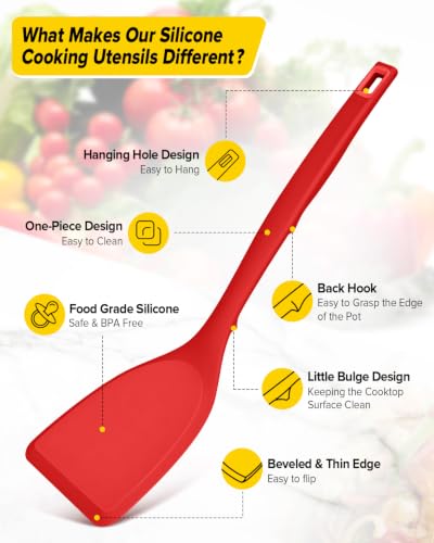 Pack of 4 Silicone Cooking Utensils Set, Non Stick Solid Spatulas and Heat Resistant Slotted Spoons with Back Hooks, Ideal BPA Free Kitchen Utensils Set for Frying,Serving,Turning,Stirring (RED) - color: Red