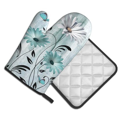 Giwawa Daisy Floral Oven Mitts and Pot Holder Set of 2 Teal White Flower Heat Resistant Kitchen Mitts Potholders Washable for Cooking Grilling BBQ - color: Daisy Floral