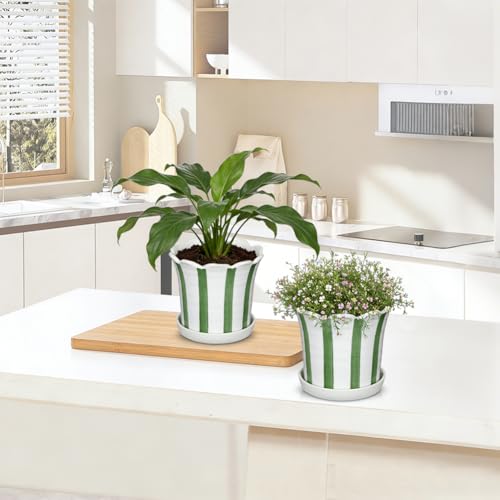 Set of 2 Flower Planter, 5.8 inch Ceramic Plant Pots with Drainage Hole and Sauser, Stripe Ceramic Planters with Wavy Opening for Indoor Outdoor Home Gardening Desktop Windowsill - color: Green & White