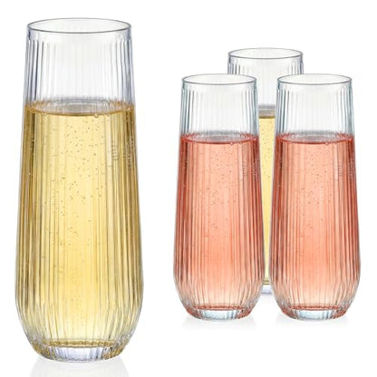 GuanQiao 12 Pack Stemless Plastic Champagne Flutes, 9oz Ribbed Disposable Champagne Glasses. Heavy Duty Shatterproof Mimosa Glasses for Party Wine Tasting Wedding New Years Eve Party Supplies - color: Clear, size: 12-pack