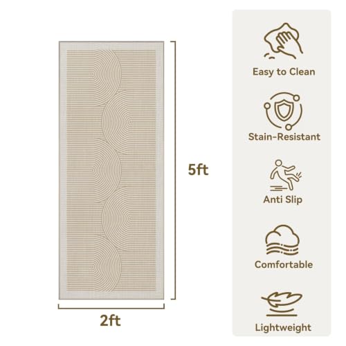 Hallway Kitchen Runner Rug Non-Slip Low Pile Washable Rug Beige 2x5ft | Soft Entryr Mat Carpet TPR Backing , Thin Profile, Abstract Pattern for Bedroom, Bathroom, Entryway Long Runners, Easy Clean - color: Beige, size: 2' x 5'