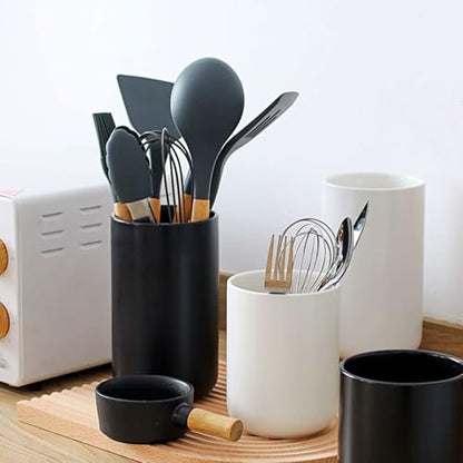 Kitchen Utensil Holder, 6.3"+5.3" Ceramic Kitchen Utensil Holder for Countertop, Large Cooking Utensil Crock for Kitchen Counter, Set of 2, for Spoons, Spatulas, Utensils (White Set) - color: White Set