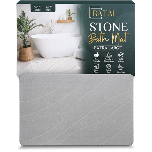 Extra Large Diatomaceous Earth Stone Bath Mat (31.5” x 19.7”) Light Gray XL | Fast Absorbent Shower Stone Bath Mat For Bathroom - Quick Dry, Easy Clean and Non-Slip Mat - Instant Drying Diatomite Bathmat - color: Light Gray