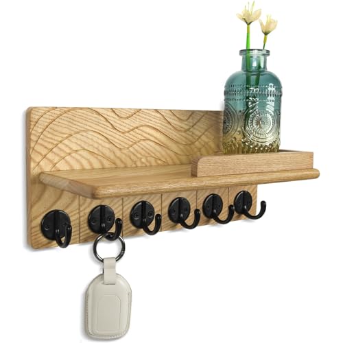 Key Holder Wall Decor-11.8" Solid Ash Wood Entryway Organizer with 6 Hooks & Extra Deep Storage Rack for Key, Mail, Wallet, Leash, Glasses, Hand-Polished & Stained, Easy-Assembly - color: Natural