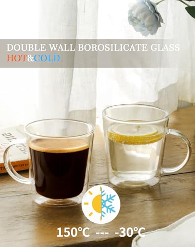 LIBWYS 12oz Double Wall Glass Coffee Mugs, Cappuccino Latte Tea Cups with Handle, Heat Resistant Borosilicate Insulated Clear Glasses (Set of 4) - size: 4x12oz coffee mugs