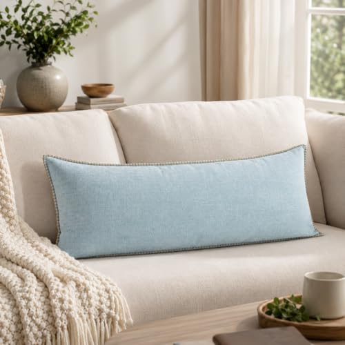 JoraLion Chenille Decorative Lumbar Pillow Cover 14x36 Light Blue | Chenille Trimmed Tailored Edges Farmhouse Solid Dyed Soft Cushion Case for Couch Sofa Bed Living Room, Pack of 1 - color: Light Blue, size: 36" x 14" (Pack of 1)
