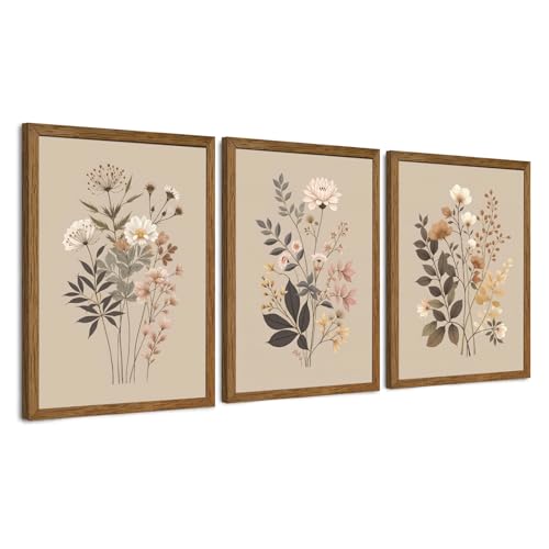 AVECCO 3 Pieces Vintage Floral Wildflower Framed Canvas Wall Art 12x16 Inch | UV Fade-Resistant Ink, Giclee Prints, Wooden Frame, Triptych Flowers Botanical Leaf, Ready to Hang, Living Room Bedroom Decor - color: Posen Vintage Floral, size: 16"L x 12"W