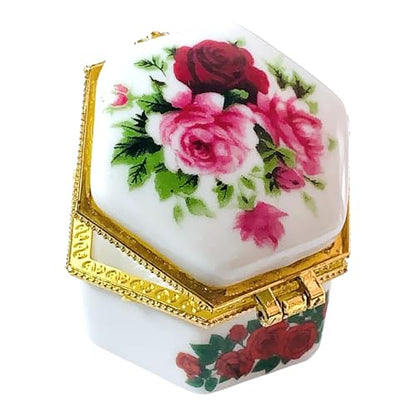 Tiny Hexagon Porcelain Trinket Box | Pink Rose Bouquet | French Style Gift Box with Velvet Bag - style: Pink Rose Bouquet Hexagon
