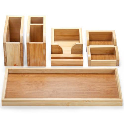 Cididu Bamboo Vanity Tray, 7 Pieces Adjustable Pen Holder Stationery Caddy, Bathroom Vanity Organizer Set, Sturdy Countertop Desk Tray Storage Boxes Office Supplies for Makeup Small Items Home Kitchen
