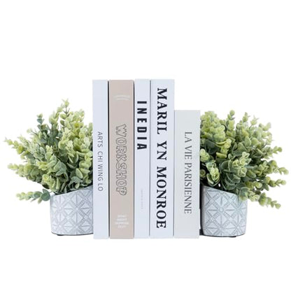 MyGift L Shaped Bookends with Faux Eucalyptus, Gray Concrete Pot, 2pc | Decorative bookends keep books upright while faux eucalyptus and an embossed planter add low-maintenance greenery to shelves - color: Artificial Eucalyptus