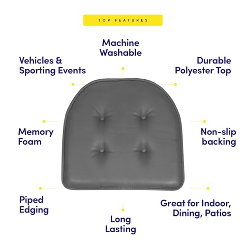 Sweet Home Collection Chair Cushion Memory Foam Pads Tufted Slip Non Skid Rubber Back U-Shaped 17" x 16" Seat Cover, 2 Count (Pack of 1), Faux Leather Gray - color: Faux Leather Gray, size: 2 Pack, style: Foam Pads