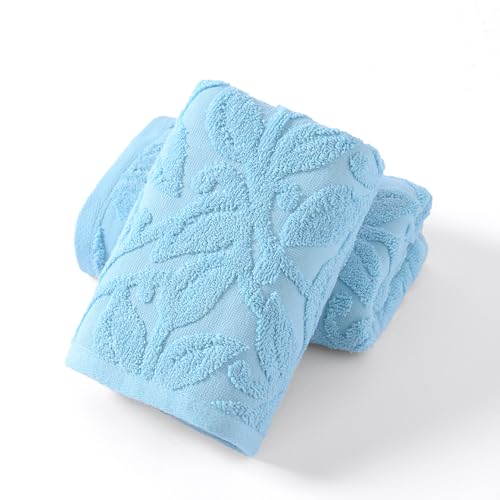 YiLUOMO Blue Embossed Floral Pattern Hand Towel Set of 2 100% Cotton Super Soft Highly Absorbent Decorative Hand Towels for Bathroom Home 13x 29 Inch - color: Blue
