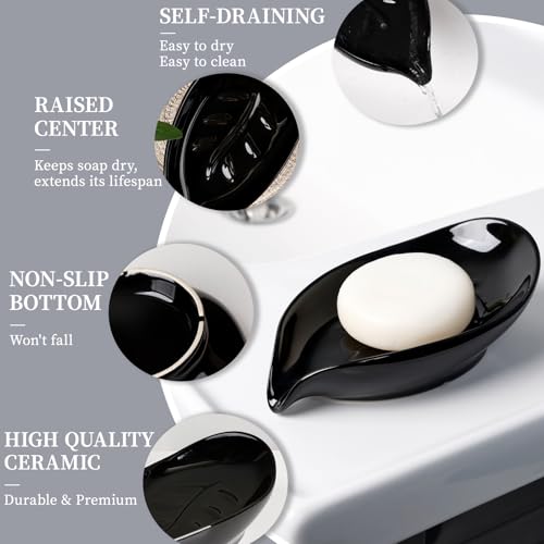 Soap Dish, Self Draining Soap Dishes 2PCS, Leaf Shape Ceramic Bar Soap Holder Drain Soap Dishes for Bathroom Sink Kitchen, Easy to Clean Keeps Soap Dry, Black, ANTIS'S HOME - color: Black-2pcs-enhanced Draining