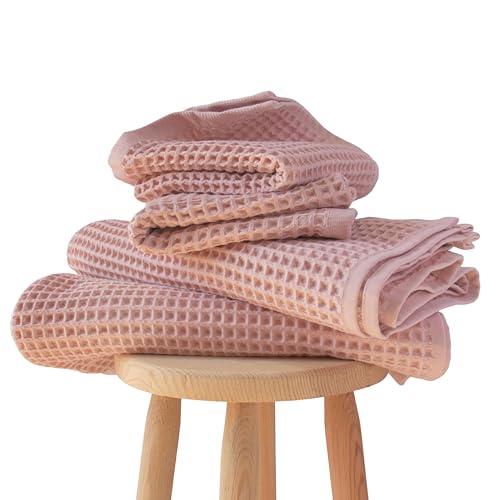 PÜSKÜL Natural 100% Turkish Cotton Waffle Towels Set for Bathroom (4-Piece) | Pink Powder, Large Size 2 Hand and 2 Bath Towel, Quick-Dry Soft Absorbent Premium 3D Honeycomb Weave, Oeko-Tex Made in Turkey - color: Pink