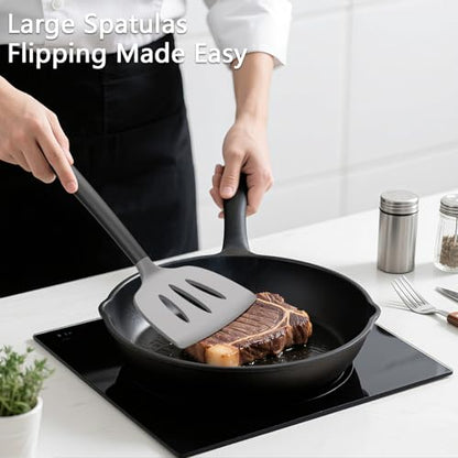 Coukre 3 Pack Silicone Spatula Set, Heat Resistant to 500°F, BPA-Free | Fish Spatula, Solid & Slotted Turners, Dishwasher Safe, Spatula Set for Eggs, Pancakes, Fish & Burgers, GrayBlack - color: GrayBlack