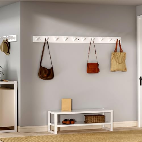 SKOLOO Wall Mounted Coat Rack 38", 10 Hooks, Bamboo, Shaker Style, White | Wood wall hooks, painted finish, 100-lb cap, entry/bath/bed, hanging backpack coat towel hat, long pegs, 16" stud spacing - color: White, size: 38 inch