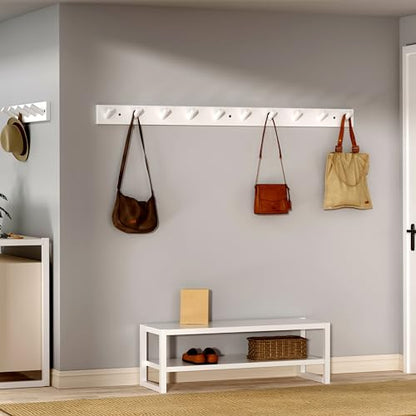 SKOLOO Wall Mounted Coat Rack 38", 10 Hooks, Bamboo, Shaker Style, White | Wood wall hooks, painted finish, 100-lb cap, entry/bath/bed, hanging backpack coat towel hat, long pegs, 16" stud spacing - color: White, size: 38 inch