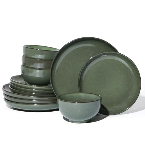 Stoneware Dinnerware Sets, Ceramic Plates and Bowls Set, Microwave & Dishwasher Safe Kitchen Dishes, Modern Dinner Salad Plates | Cereal Bowls, Dishware Sets Service for 4 Forest Green - color: Moss Green, size: Set (12pcs)