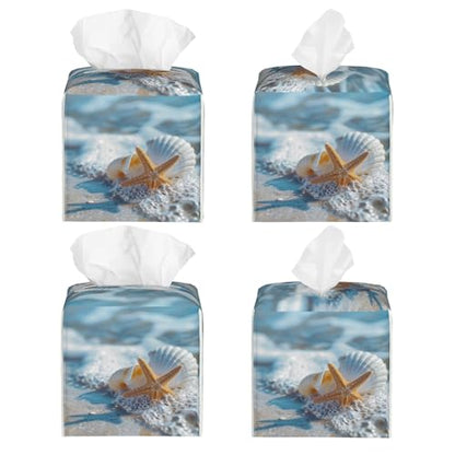 Shells Starfish on Beach Tissue Box Cover Square,Summer Ocean Shells Starfish Tissue Box Holder Waterproof Leather Facial Paper Organizer Dispenser for Bathroom Home Car Nightstand Vanity Desk - color: Color-14