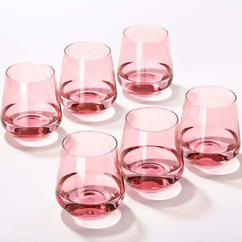 Pink Stemless Wine Glass Set of 6-17oz Wine Glasses, Stemless Drinking Glasses for Wine, Cocktails & Beverages - Elegant Glassware for Home, Bar & Holiday Use - color: Pink, size: 17oz