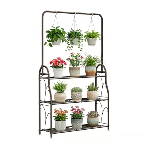SORCEDAS 3 Tier Metal Plant Stand Indoor Outdoor with Hanging | Corner Ladder Shelf Tall Flower Rack for Multiple Plants, Space-Saving Plant Holder for Balcony, Garden, Patio - size: 3 Tier With Hanging-Bronze