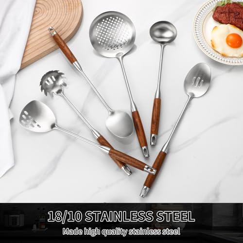 Izurok 18/10 Stainless Steel Kitchen Utensils Set,6 Piece Cooking Utensils With Wood Handle,Heat Resistant Kitchen Tool Set With Spatula, Spoon, Ladle, Skimmer, Slotted Spoon, Pasta - color: SILVER-6 Pieces, size: Small