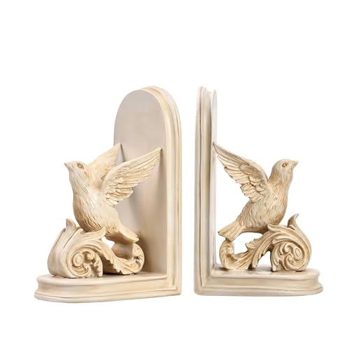 2PCS Vintage Bookends White Resin Decorative Bookends with Bird Bookends for Kids Rooms Decorative Book Ends for Heavy Books (White Bird) - color: Retro White Bird
