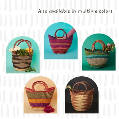 African Woven Market Basket Tote with Leather Handles, Blue Green, 16 Inch Wide - color: Blue Green