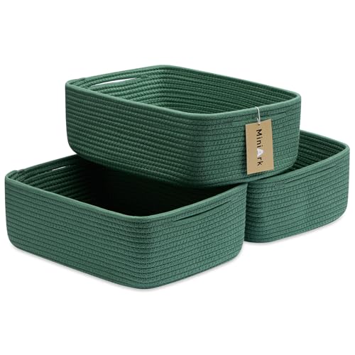 MiniArk Large Shallow Organizing Baskets 15x11x5.1 Inches - Rope Woven Storage Bins for Bathroom, Shelves, Cube Closet, Green 3 Packs - color: Green, size: 3pcs-L15×W11×H5.1"