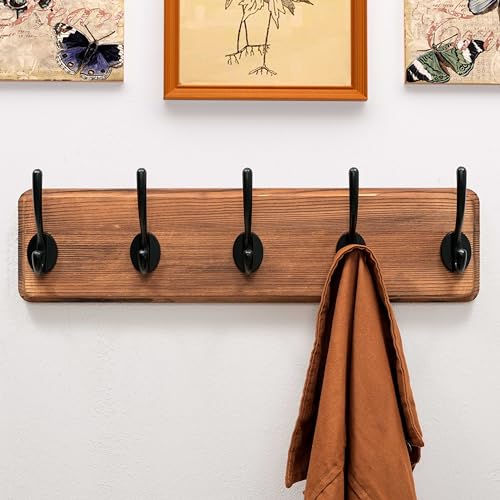 Wall Mounted Coat Rack: Patented, Heavy-Duty, 17.4" Long 5-Double-Hooks Wooden Hanger Rail for Winter Coats, Hat, Jacket, Clothing - Natural & Black, Pack of 2 - color: Natural & Black, size: L=17.4" (2pcs)