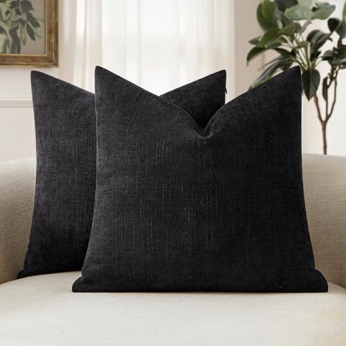 MIULEE Textured Chenille Throw Pillow Covers 18x18 Inch Black | Pack of 2 Decorative Soft Throw Pillows, Solid Textured Cushion Covers, Modern Home Decor for Couch Sofa Bedroom Living Room - color: Black, size: 18" x 18" (Pack of 2)