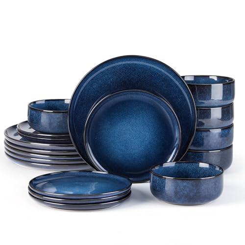 E-far 18-Piece Plates and Bowls Set, Dinnerware Sets for 6, Reactive Glaze Stoneware Dishes Dinning Ware, Microwave & Dishwasher Safe - Deep Sea Blue - color: Deep Sea Blue, size: Service for 6