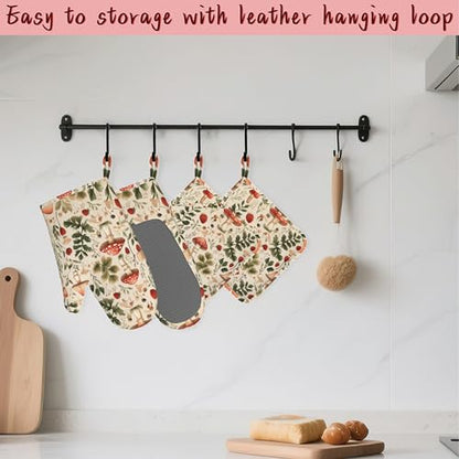 Red Mushroom Forest Strawberry Silicone Oven Mitts and Pot Holders,Heat-Resistant 4 Piece Kitchen Set Non-Slip Oven Gloves and Hot Pads for Cooking, Baking, Grilling,BBQ - color: Red Mushroom Forest Strawberry
