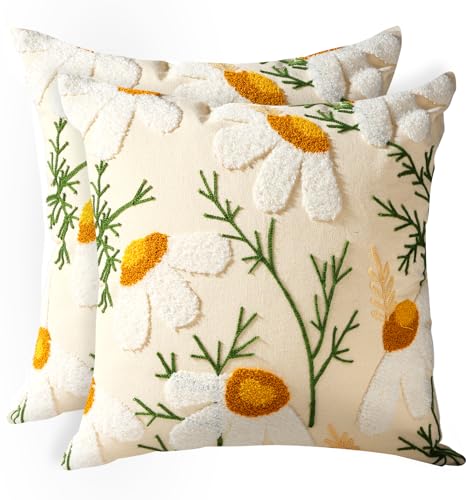 Embroidered Throw Pillow Covers 18x18 Inch - Set of 2 Summer Decorative Pillow Covers with Zipper Aesthetic Cute Design Throw Pillowcases for Couch Sofa Bed, Daisy - color: Daisy