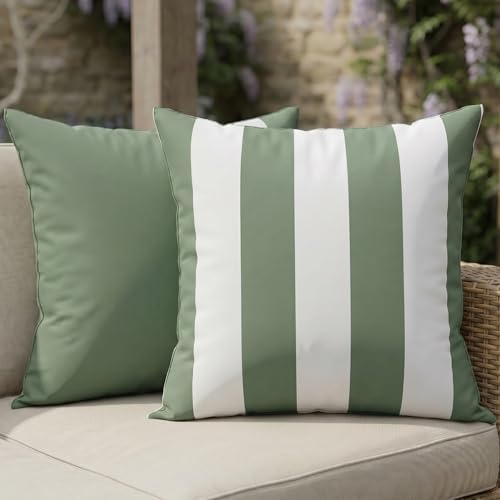 Decorative Outdoor Pillows Set of 2 - Waterproof 18x18 Throw Pillow Covers | Durable Weather Resistant Cushions for Porch and Patio Furniture Decor - Fits Garden, Balcony or Backyard Seating - color: Sage