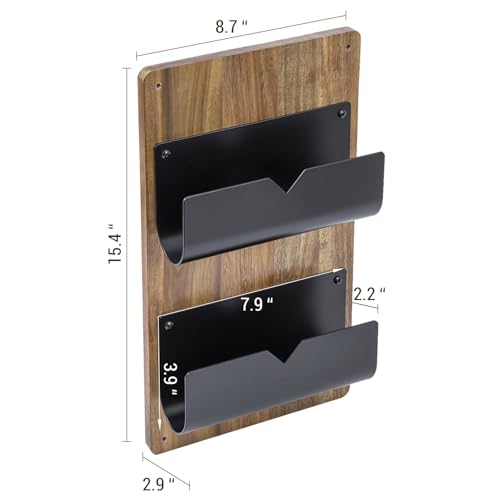 MyGift 2-Tier Wall Mounted Mail Holder, Matte Black Metal and Premium Acacia Wood Backboard Mail and Letter Organizer
