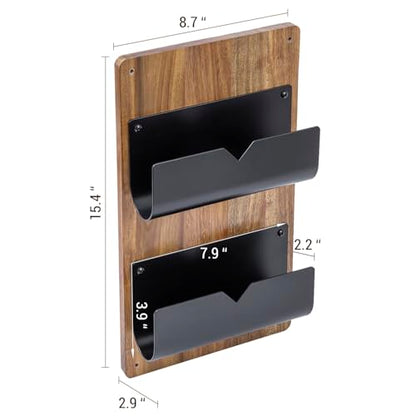 MyGift 2-Tier Wall Mounted Mail Holder, Matte Black Metal and Premium Acacia Wood Backboard Mail and Letter Organizer