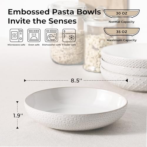 Y YHY 8.5" Pasta Bowls Set of 4, 30 oz Embossed Salad Bowls for Serving Soup, Noodle, Fruit, Dinner, Kitchen Deep Plates, Ceramic Dinnerware Sets, Soft White Dishes for Thanksgiving Day Gifts - size: 8.5 IN