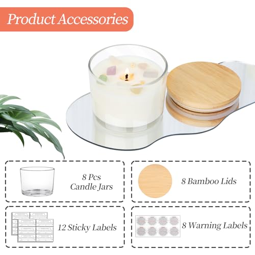 CONNOO 8 Pack 12 OZ Clear Glass Wide Mouth Candle Jars | Airtight Bamboo Lids, Sticky Warning Labels, Empty Container Bulk, Dishwasher Safe - color: Clear