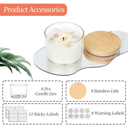CONNOO 8 Pack 12 OZ Clear Glass Wide Mouth Candle Jars | Airtight Bamboo Lids, Sticky Warning Labels, Empty Container Bulk, Dishwasher Safe - color: Clear