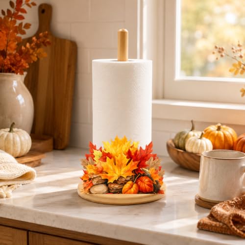 Bamboo Paper Towel Holder with 11 Set Interchangeable Holiday Signs, Rustic Kitchen Decor | Seasonal Countertop Stand for Christmas,Spring,Summer,Fall,Winter,Valentine's Day,Easter,Halloween,