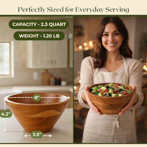 Aurah Salad Bowl, 2.3 Qt Acacia Wood Mixing & Serving Bowl, Small Size | Kitchen & Outdoor Dining Wooden Bowls for Salad, Pasta and Fruits, 8" Diameter x 4.2" Height - size: Small